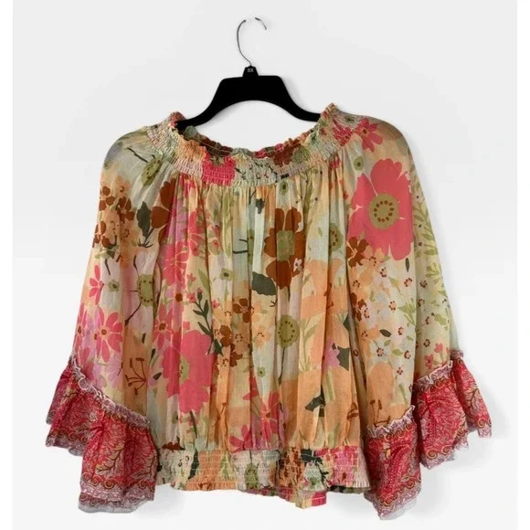 Aratta Silent Journey Daisy Floral Ruffled Cotton Blouse Off The Shoulder Large - Picture 2 of 14